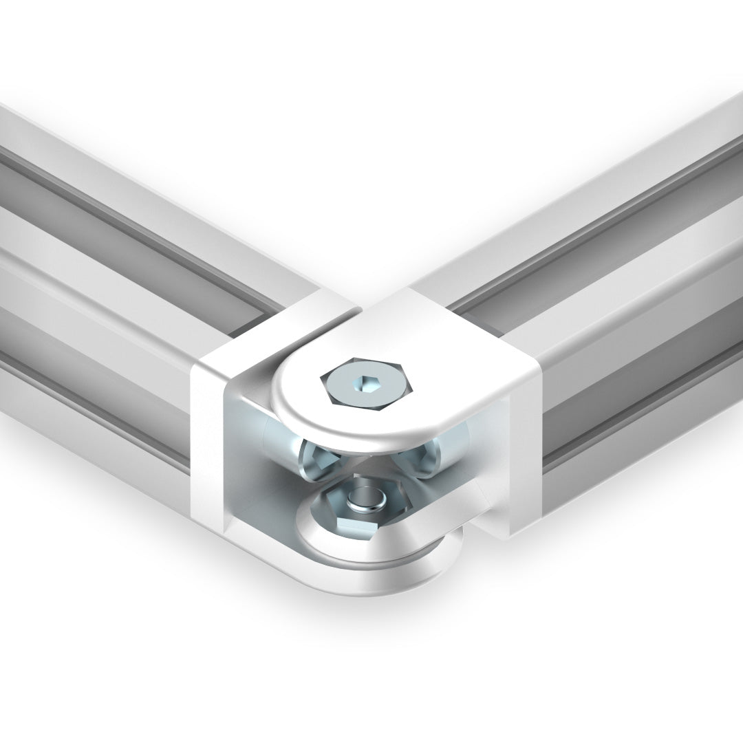 AME System heavy-duty hinge 30x30 in die-cast aluminium, size 45x30x30mm. Supports M8 bolts, rotates 180 degrees, ideal for robust T-slot connections. End to end.