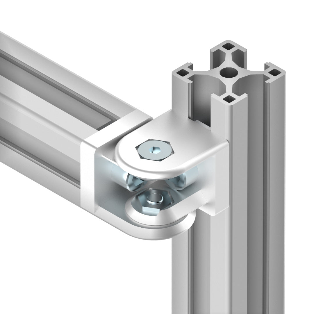 AME System heavy-duty hinge 30x30 in die-cast aluminium, size 45x30x30mm. Supports M8 bolts, rotates 180 degrees, ideal for robust T-slot connections. End to Face