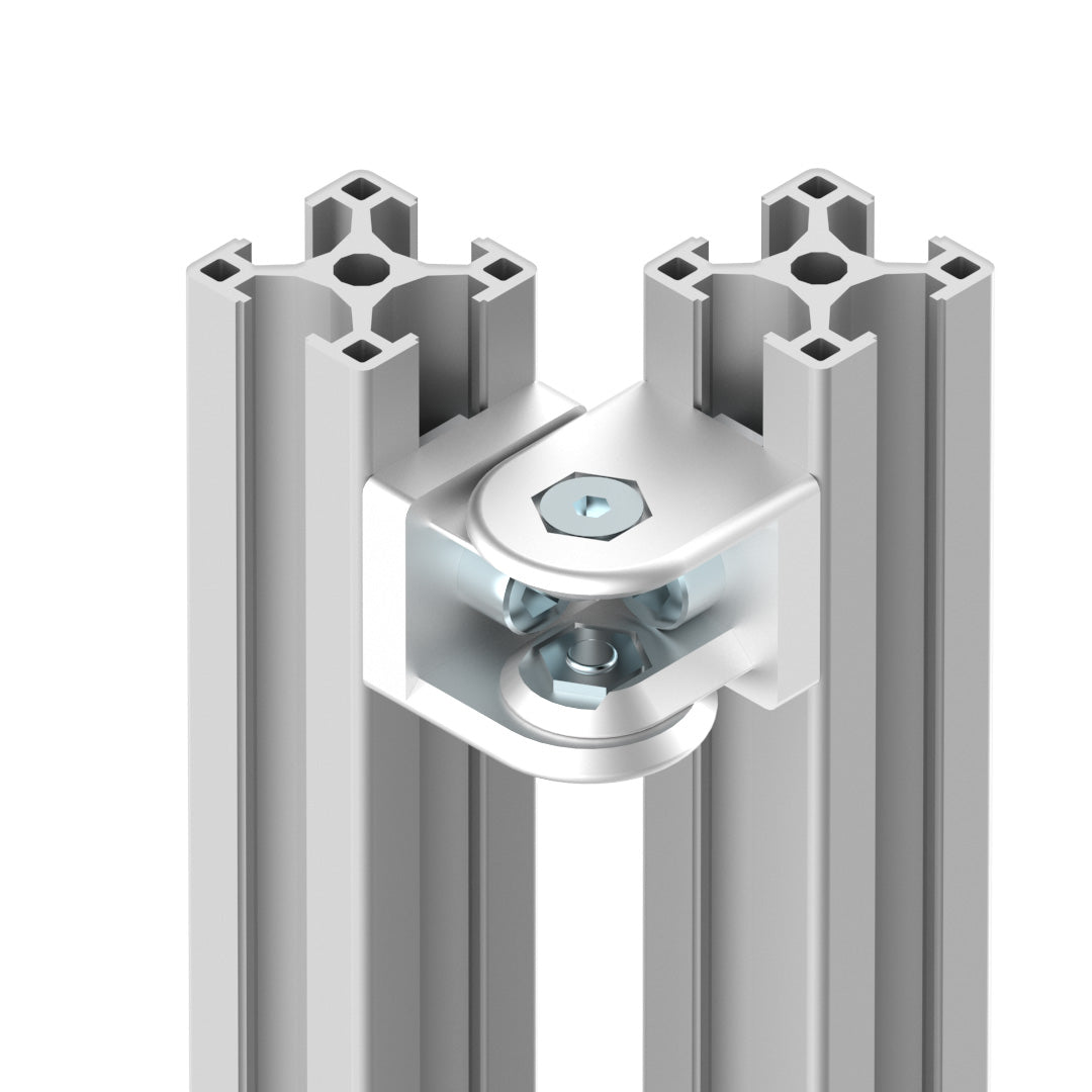 AME System heavy-duty hinge 30x30 in die-cast aluminium, size 45x30x30mm. Supports M8 bolts, rotates 180 degrees, ideal for robust T-slot connections. Face to Face.