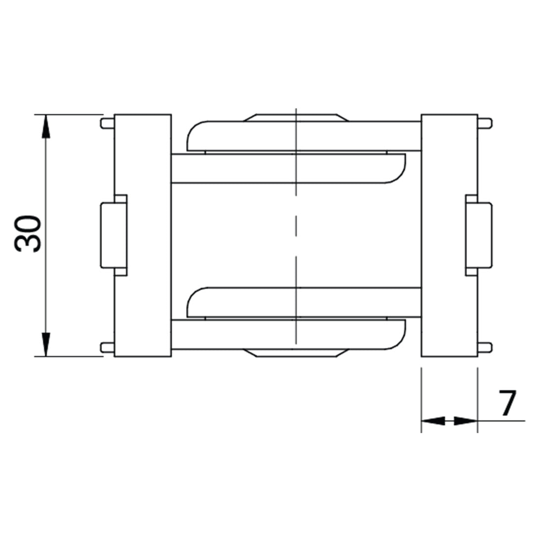 AME System heavy-duty hinge 30x30 in die-cast aluminium, size 45x30x30mm. Supports M8 bolts, rotates 180 degrees, ideal for robust T-slot connections. Datasheet drawing