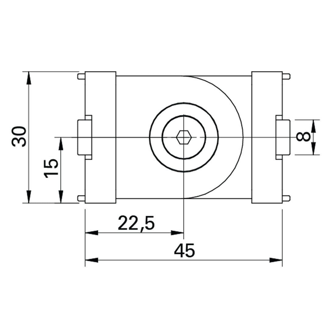 AME System heavy-duty hinge 30x30 in die-cast aluminium, size 45x30x30mm. Supports M8 bolts, rotates 180 degrees, ideal for robust T-slot connections. Datasheet drawing