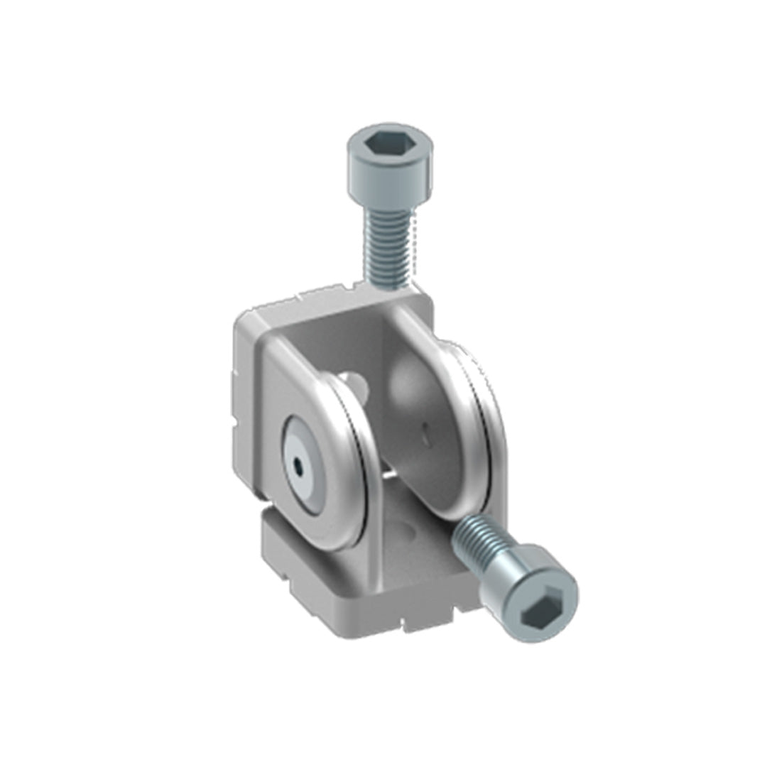 AME System heavy-duty hinge 30x30 in die-cast aluminium, size 45x30x30mm. Supports M8 bolts, rotates 180 degrees, ideal for robust T-slot connections. With bolts.