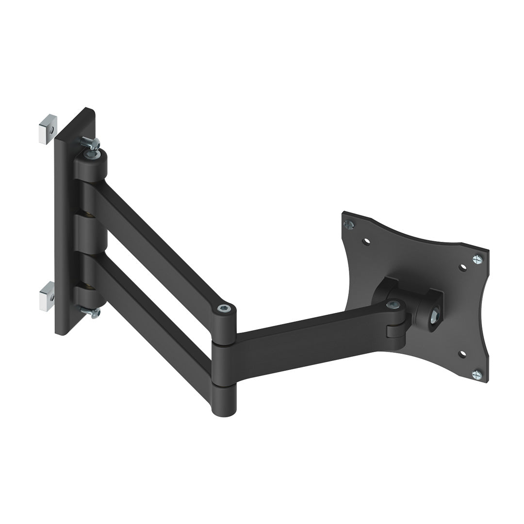 AME System horizontal monitor arm for extendable positioning, VESA compatible (75x75mm, 100x100mm), supports up to 15kg, black finish. With fasteners.