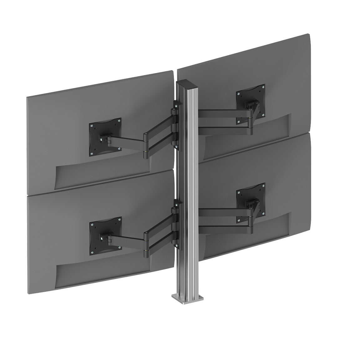 AME System horizontal monitor arm for extendable positioning, VESA compatible (75x75mm, 100x100mm), supports up to 15kg, black finish. Presented with monitor pole and the monitors with brackets attached.