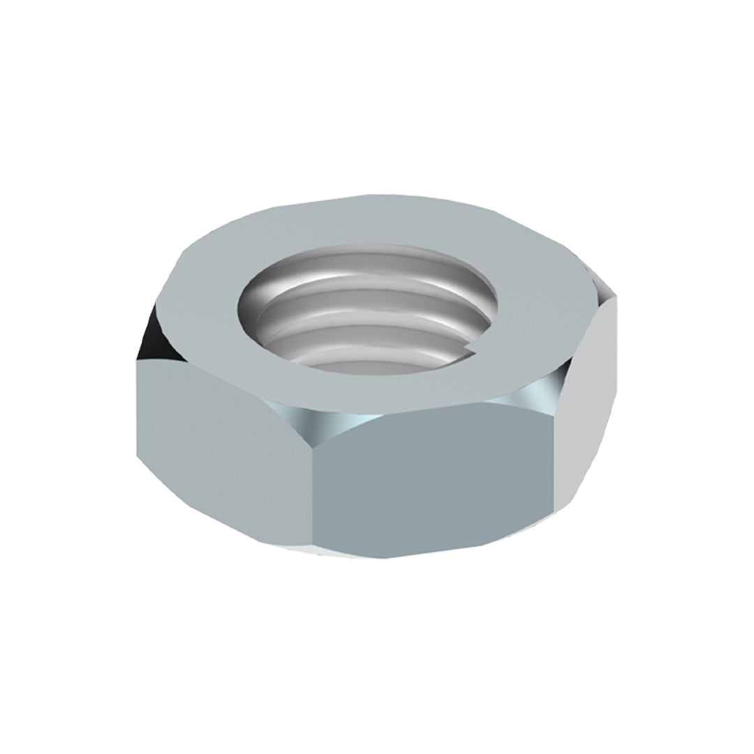 A hex nut, a hexagonal metal fastener with internal threads, used to secure bolts and screws in various applications.