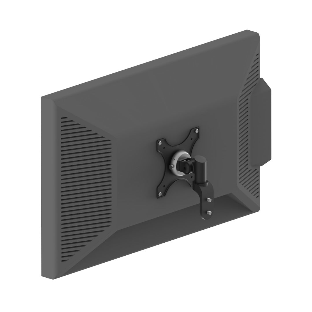 AME Quick Release Pivot Monitor Bracket for VESA 75x75mm and 100x100mm mounts, supports up to 6kg, with adjustable pivot. Presenting one attached to the monitor.