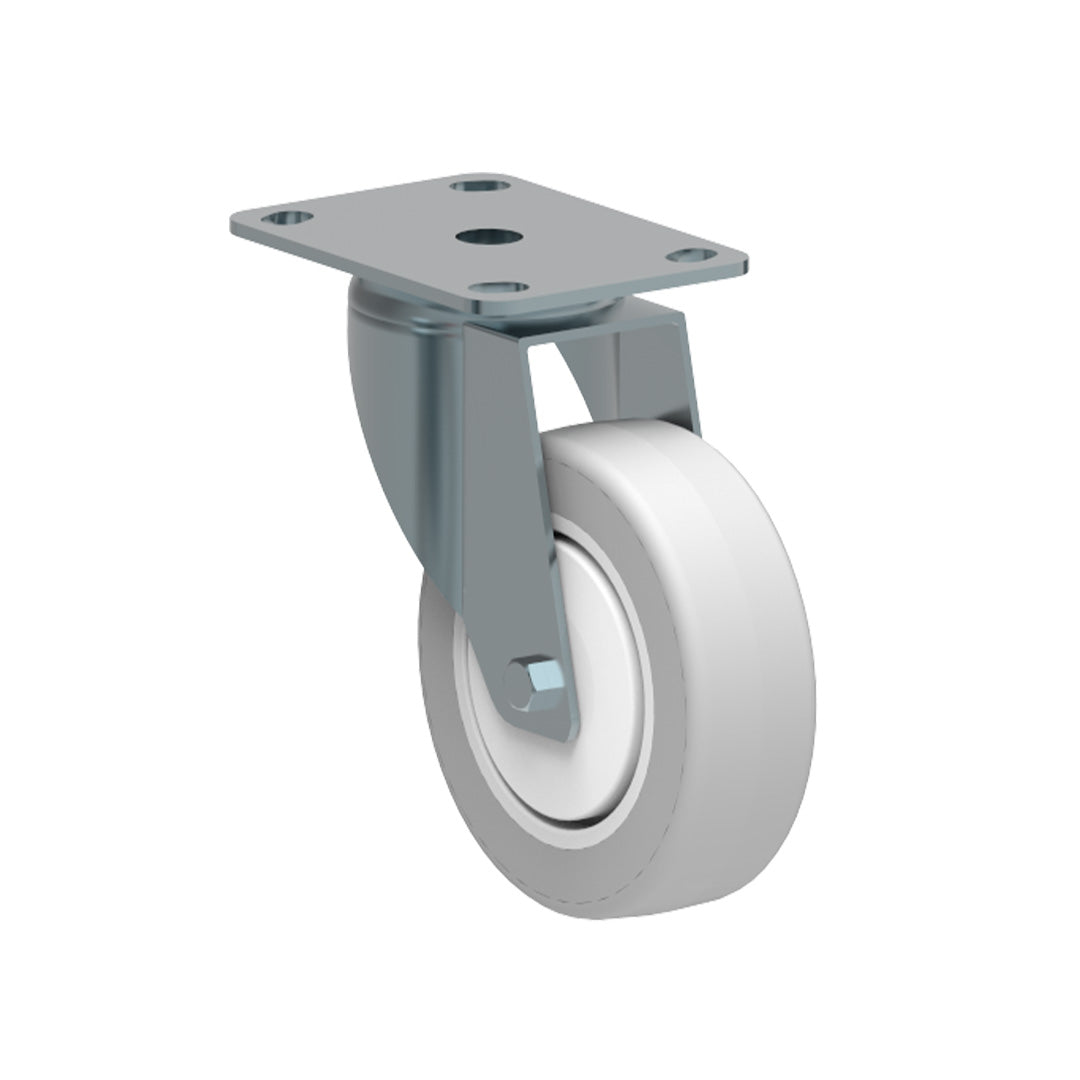 AME System Castor with Ø100mm rubber non-marking wheel for smooth movement. Here shown without brakes, load capacity up to 120kg.