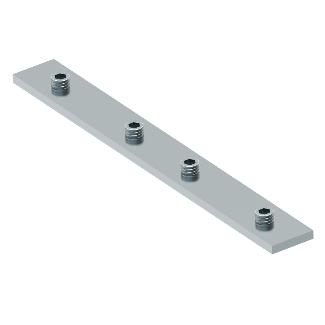 AME System steel sliding bar 30 long, designed for T-slot profiles. Size: 16x3x140mm, includes 4 M6 grub screws. Ideal for joining and extending 30 series profiles.