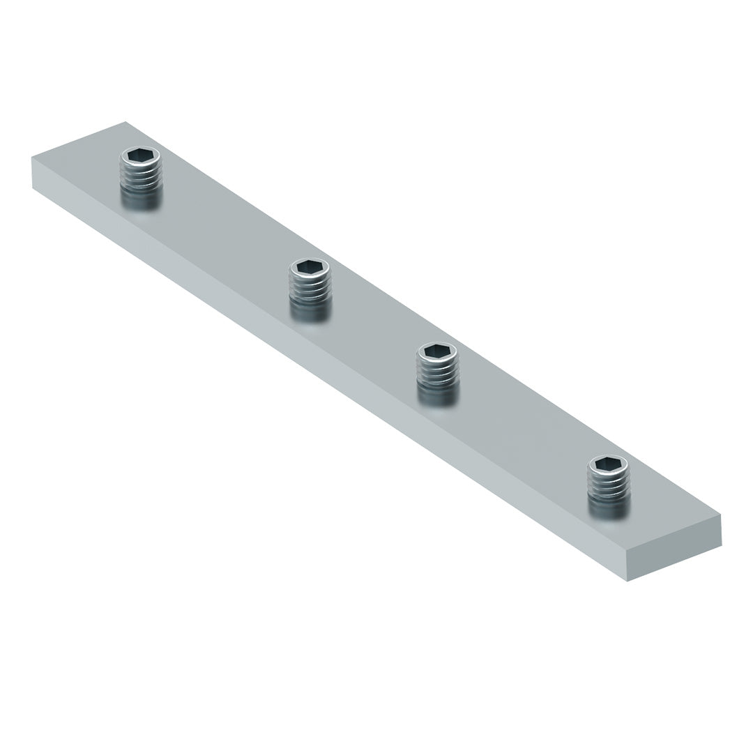 AME System steel sliding bar 40 long, designed for 40 series T-slot profiles. Size: 16x5x140mm, includes 4 M6 grub screws for secure connections.