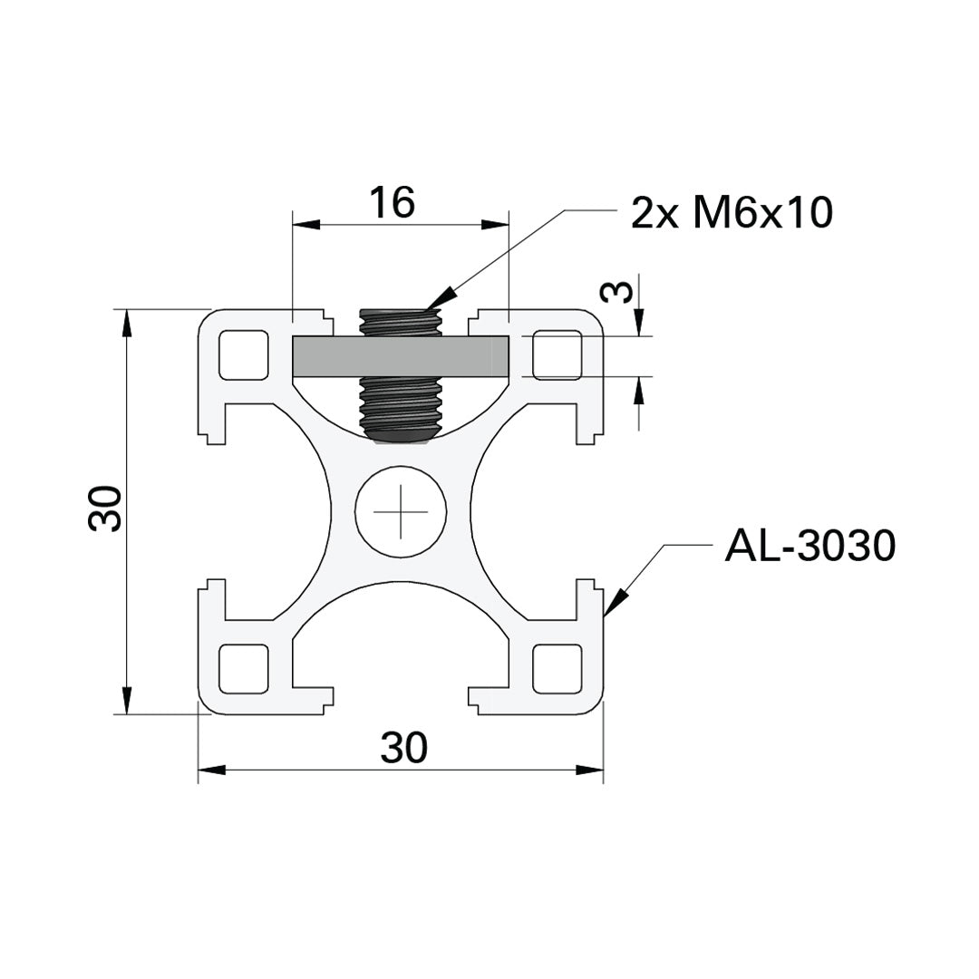 AME System steel sliding bar 30 long, designed for T-slot profiles. Size: 16x3x140mm, includes 4 M6 grub screws. Ideal for joining and extending 30 series profiles. Datasheet