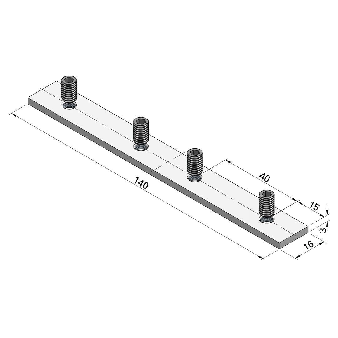 AME System steel sliding bar 30 long, designed for T-slot profiles. Size: 16x3x140mm, includes 4 M6 grub screws. Ideal for joining and extending 30 series profiles. Datasheet