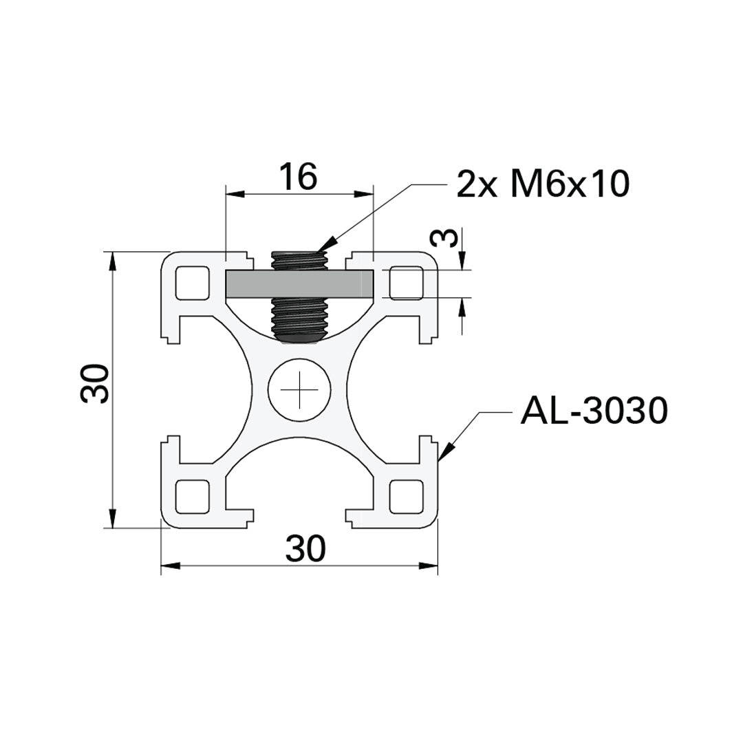 AME System steel sliding bar 30 short, designed for T-slot profiles. Size: 16x3x70mm, includes 2 M6 grub screws. Perfect for joining and extending 30 series profiles without drilling. Datasheet.