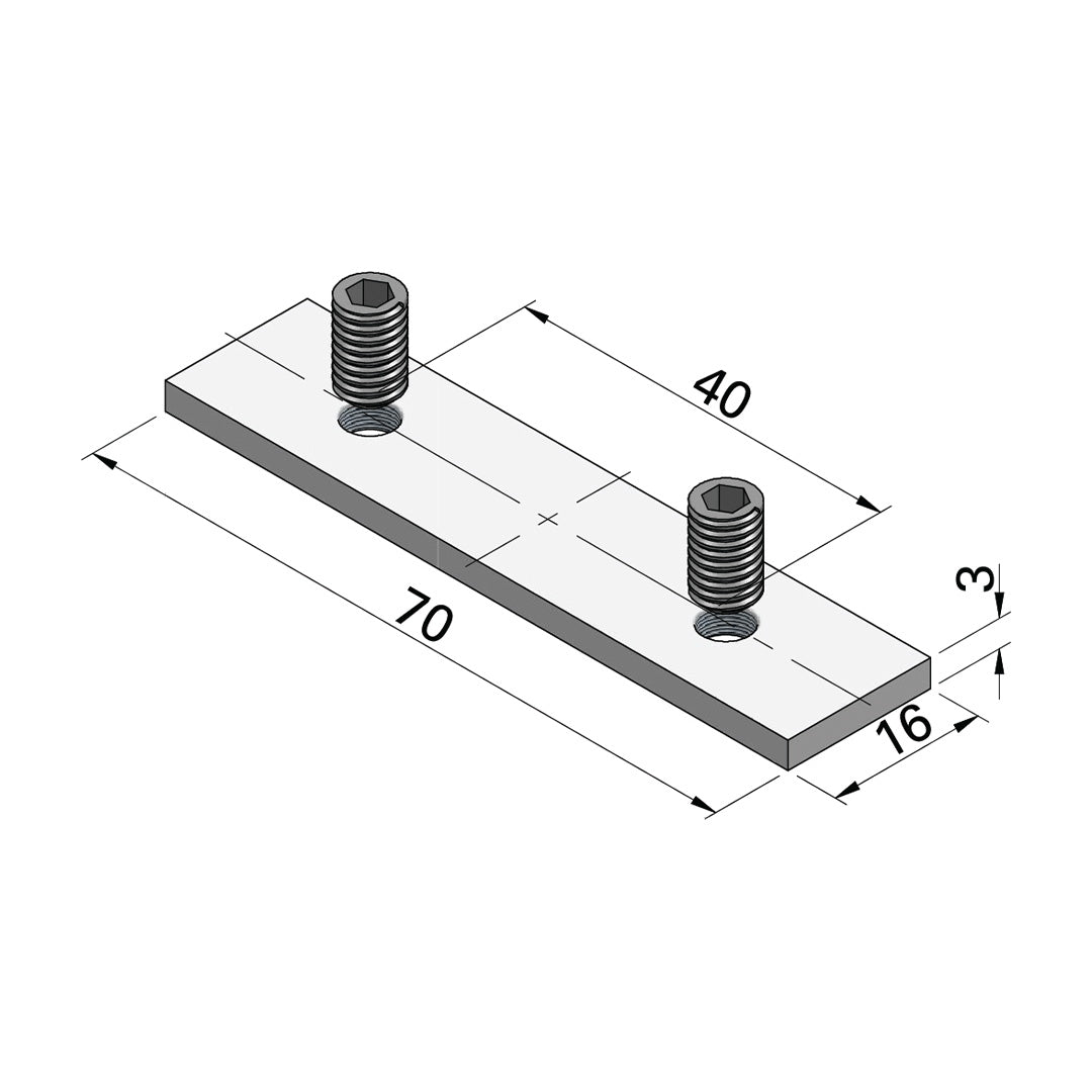 AME System steel sliding bar 30 short, designed for T-slot profiles. Size: 16x3x70mm, includes 2 M6 grub screws. Perfect for joining and extending 30 series profiles without drilling. Datasheet.