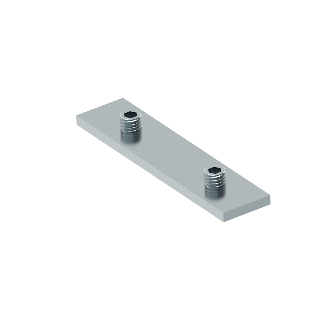 AME System steel sliding bar 30 short, designed for T-slot profiles. Size: 16x3x70mm, includes 2 M6 grub screws. Perfect for joining and extending 30 series profiles without drilling.