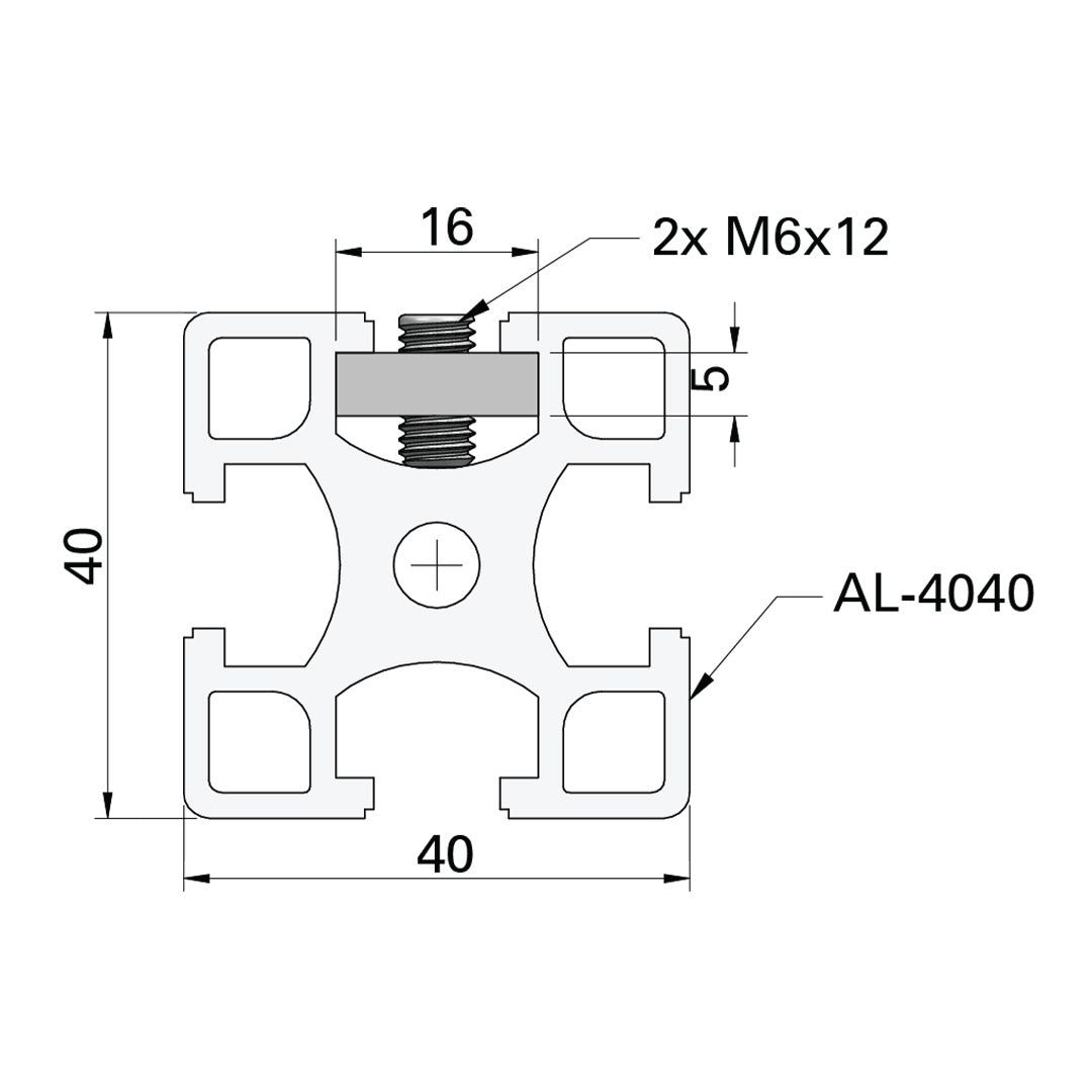 AME System steel sliding bar 40 long, designed for 40 series T-slot profiles. Size: 16x5x140mm, includes 4 M6 grub screws for secure connections. Datasheet.