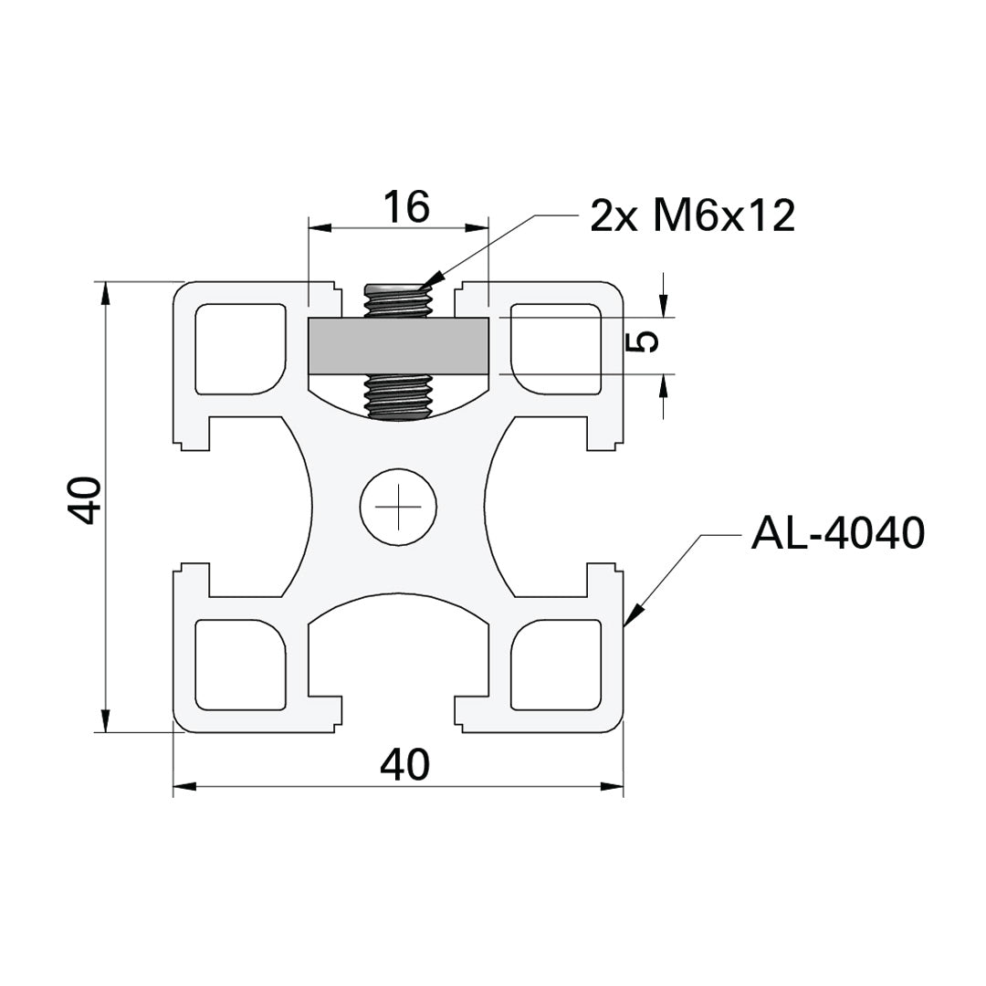 AME System steel sliding bar 40 short, designed for T-slot profiles. Size: 16x5x70mm, includes 2 M6 grub screws. Ideal for joining profiles without drilling. Datasheet