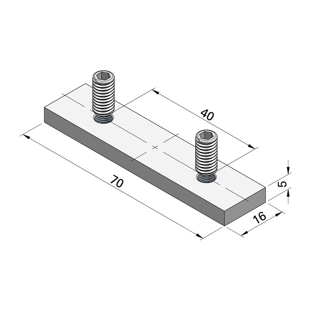 AME System steel sliding bar 40 short, designed for T-slot profiles. Size: 16x5x70mm, includes 2 M6 grub screws. Ideal for joining profiles without drilling. Datasheet