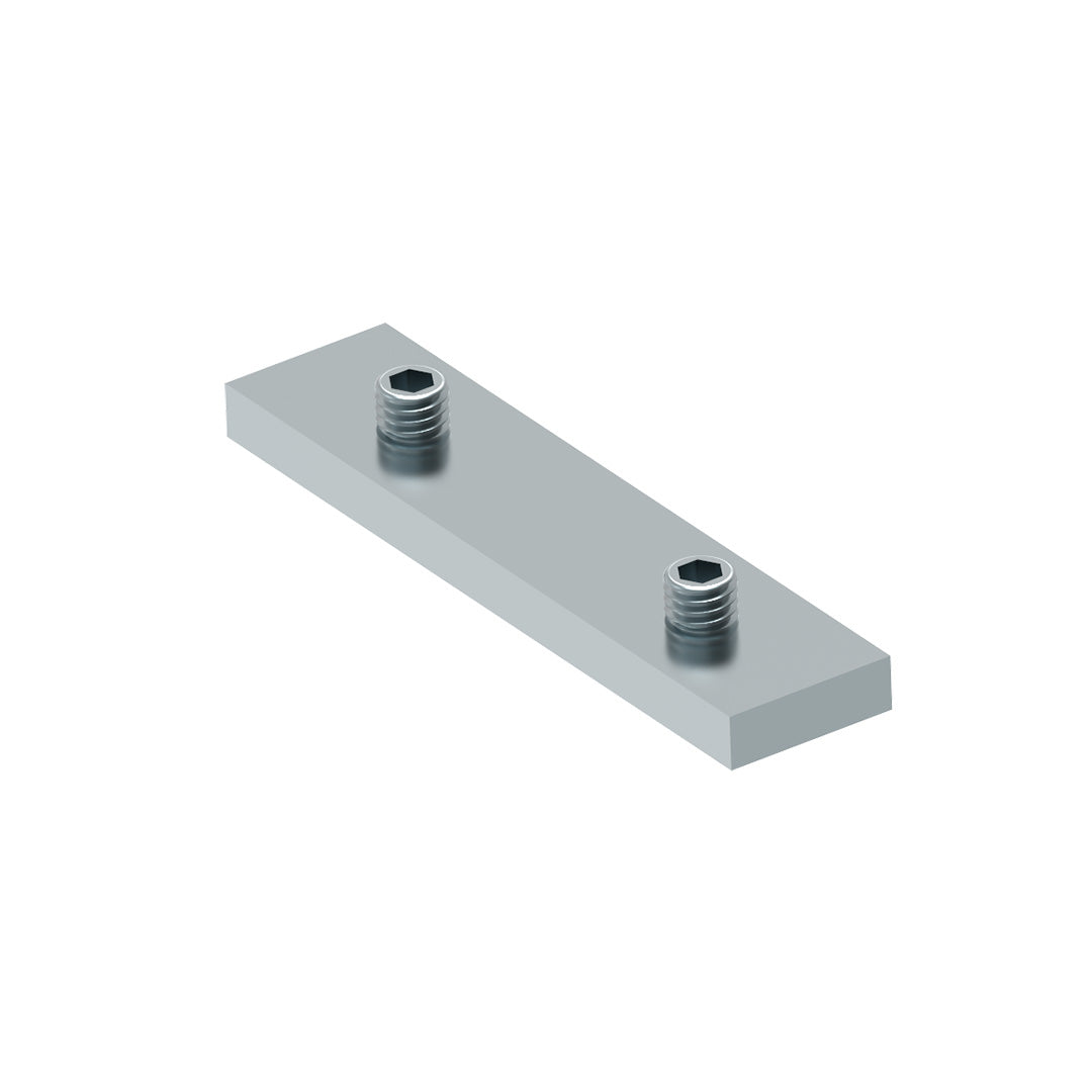 AME System steel sliding bar 40 short, designed for T-slot profiles. Size: 16x5x70mm, includes 2 M6 grub screws. Ideal for joining profiles without drilling.