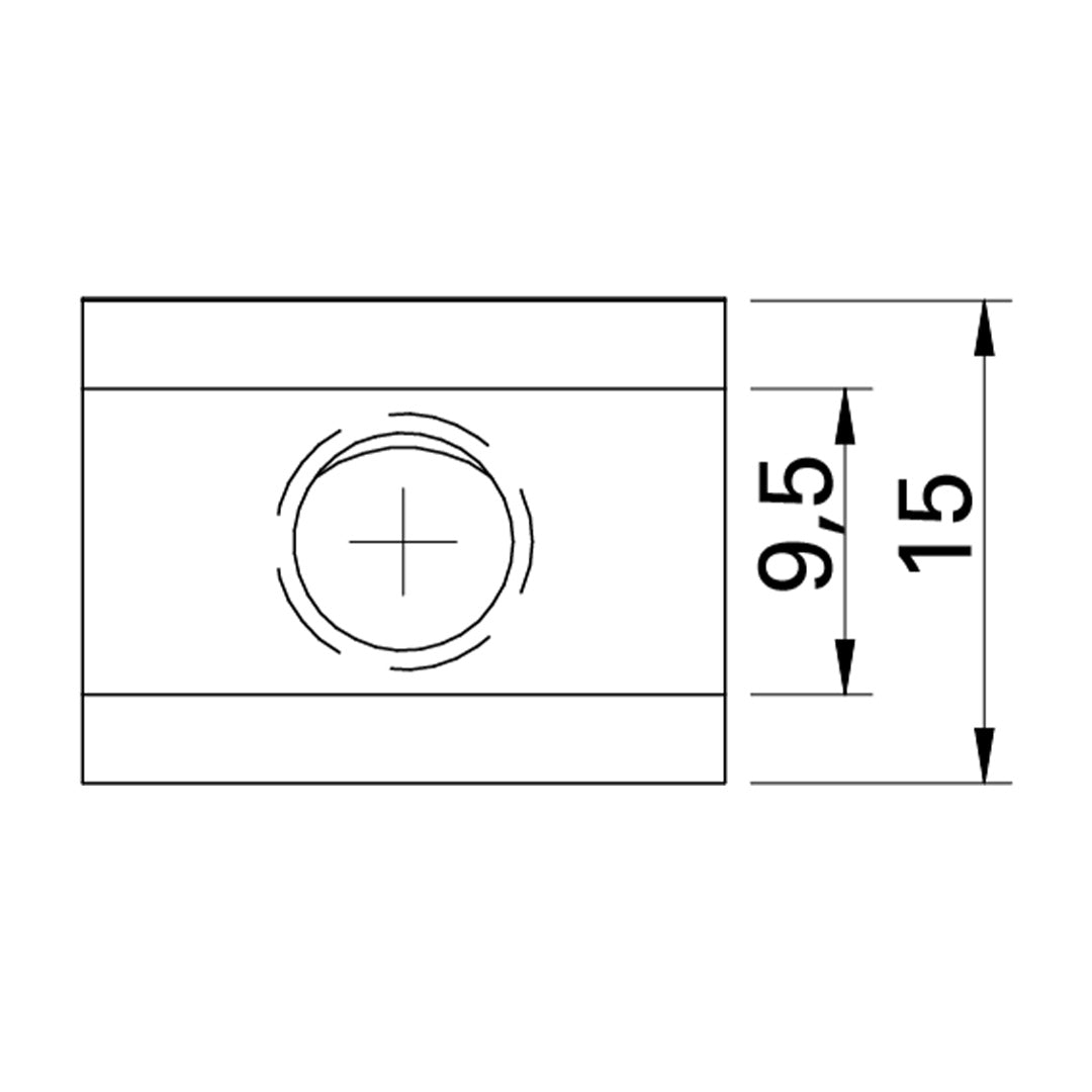 AME System T-Slot Profile M8 M6 M5 Spring Nut, 40 Series Fastener datasheet drawing top view, showing dimensions 15 and 9.5mm15