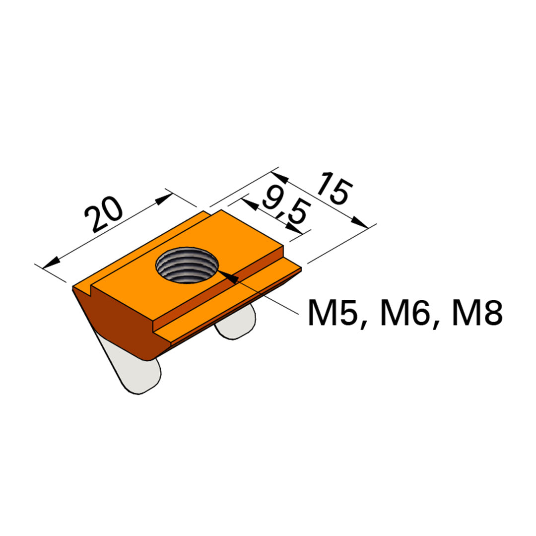 AME System T-Slot Profile M8 M6 M5 Spring Nut, 40 Series Fastener datasheet drawing, showing dimensions 20 on 15 and 9.5mm15