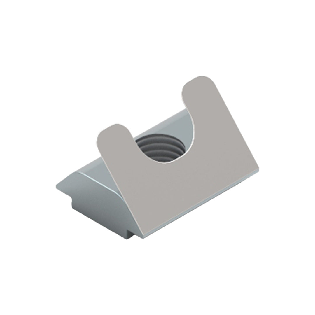 AME System T-Slot Profile M8 Spring Nut, 40 Series Fastener, bottom view, in grey colour