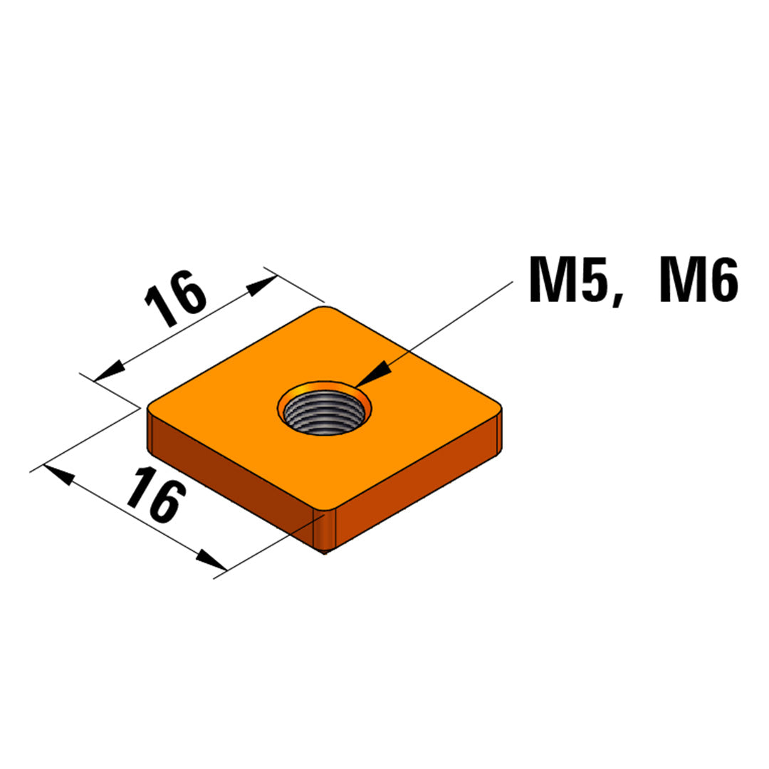 AME System T-Slot Profile M6 Square Nut, suitable for heavier loads with 30 Series Profiles. With the thread for M5 or M6, size 16x16mm