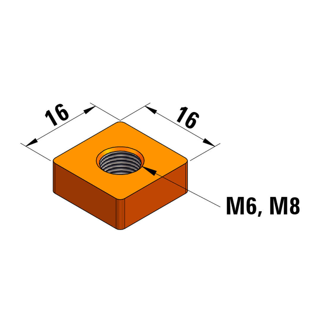 AME System T-Slot Profile M6 Square Nut, used only in 40 Series Profiles, suitable for heavier loads. Showing top view datasheet 16x16mm and M6 or M8 thread