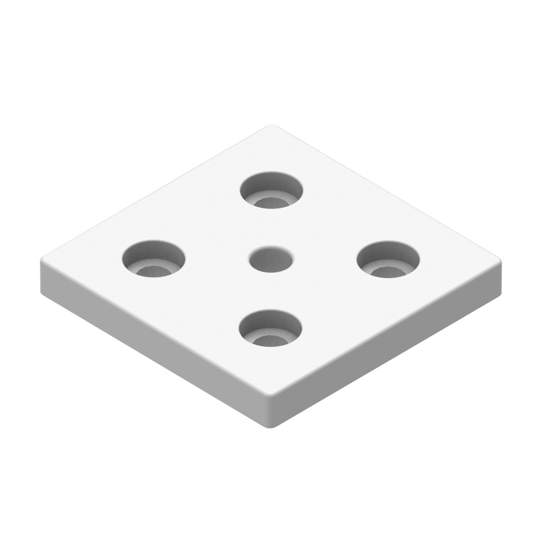 AME System 80x80 aluminium levelling foot and castor base plate with M12 central hole, natural anodised silver finish, M8 mounting holes.