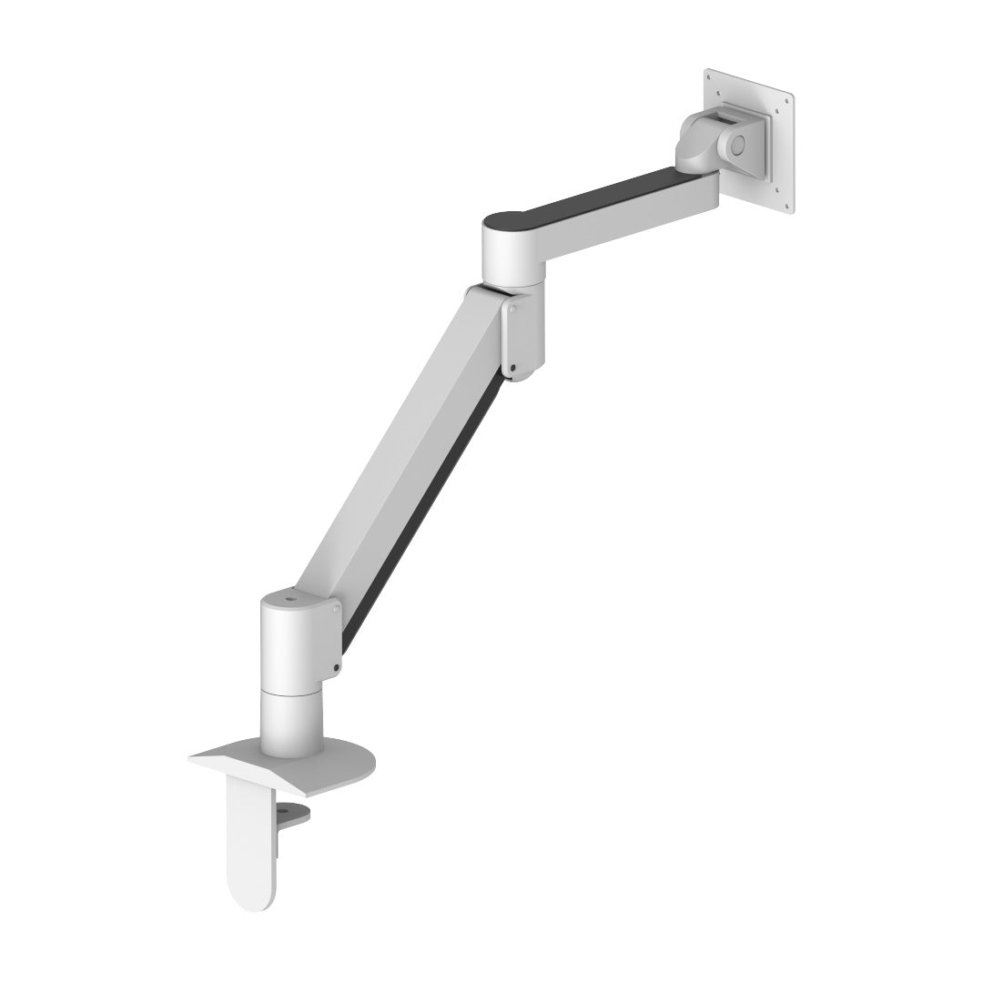 Heavy-duty articulating LCD monitor arm in white, VESA compatible (75x75mm, 100x100mm), supports 2.2-7.7kg, offers full flexibility.