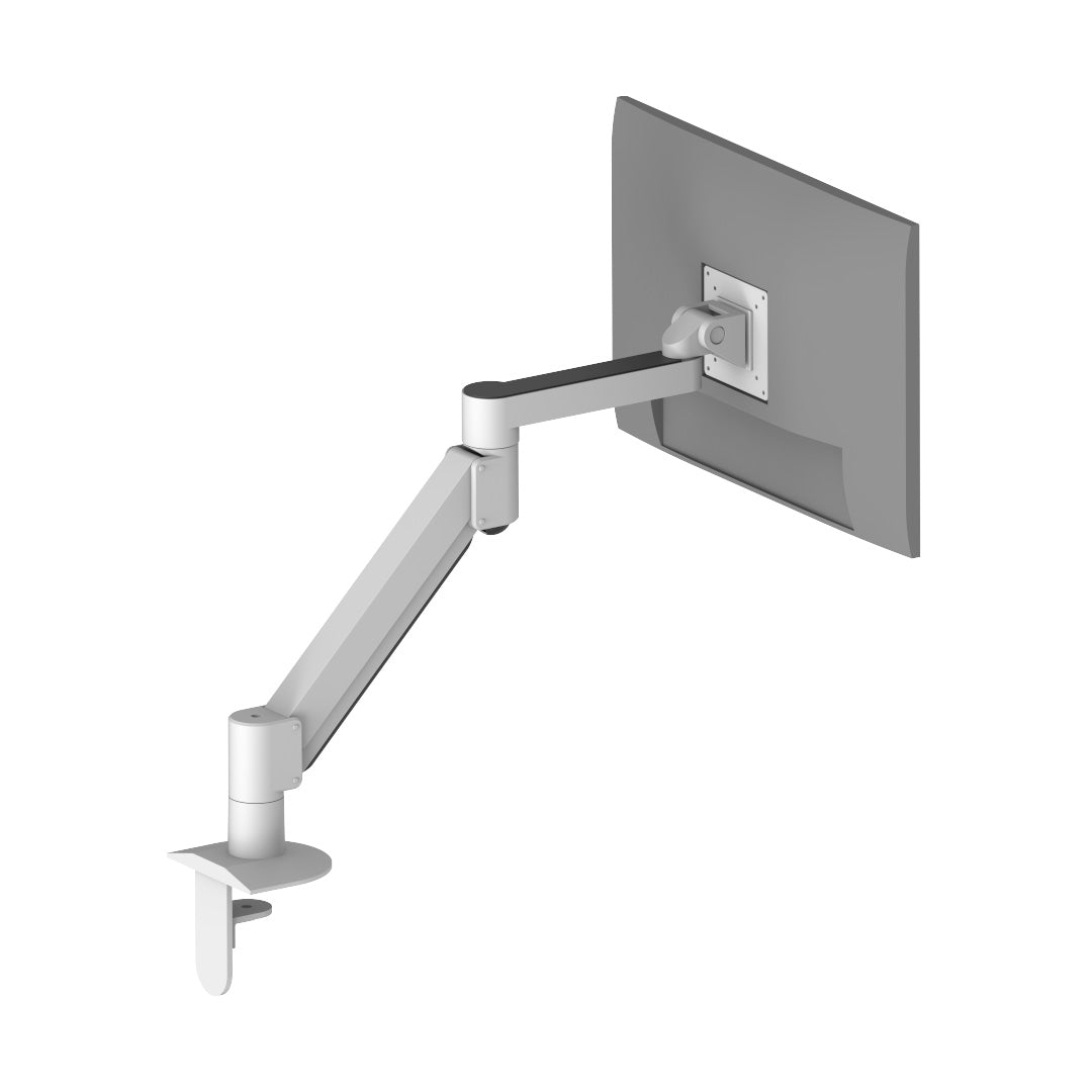 Heavy-duty articulating LCD monitor arm in white, VESA compatible (75x75mm, 100x100mm), supports 2.2-7.7kg, offers full flexibility. With a monitor attached.