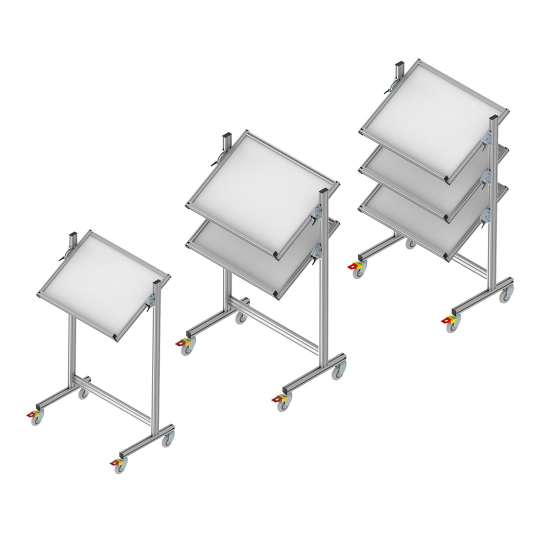 Three assembly trolleys with customisable shelves, an aluminium frame, and swivel castors for efficient material handling. Series 760