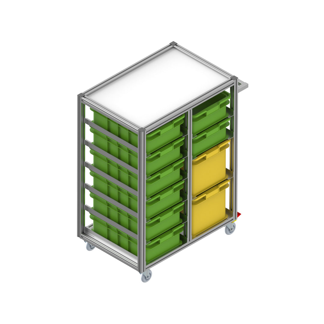 Transport trolley model 850-67 features an internal shelf size of 790x580mm, an aluminium frame, four swivel Ø100mm castors, and a maximum load capacity of 220kg. With bins.
