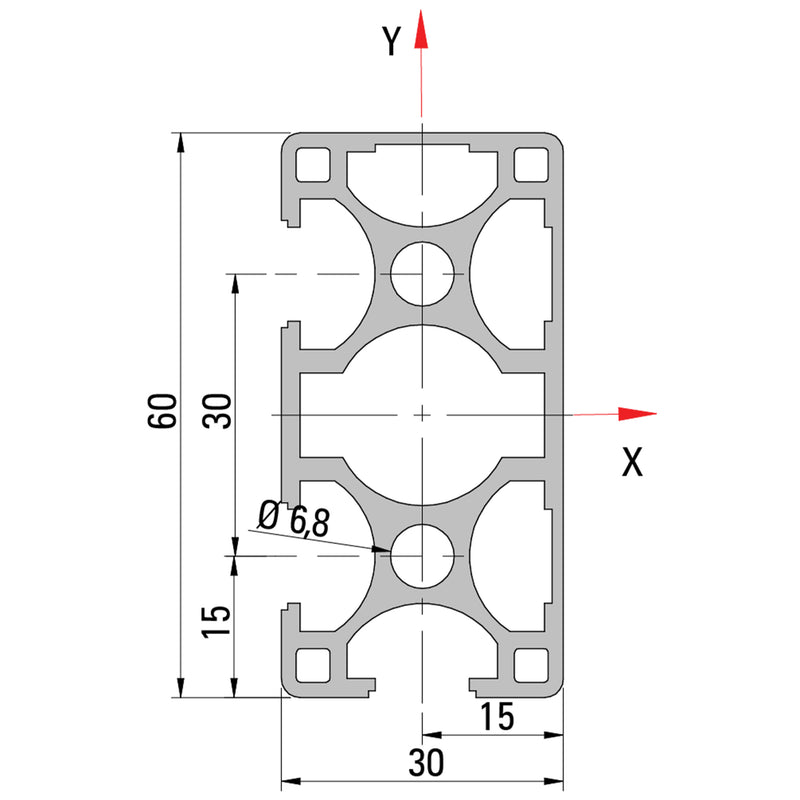 30×60-90 T-Slot Aluminium Extrusion Profile - Cross Section