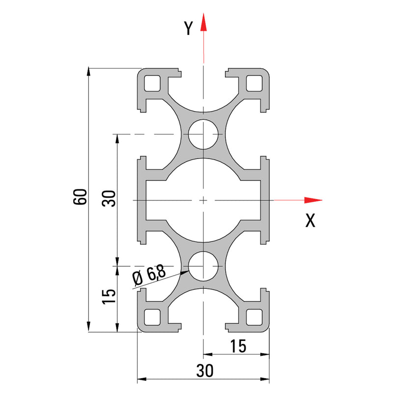 30×60 T-Slot Aluminium Extrusion Profile - Cross Section