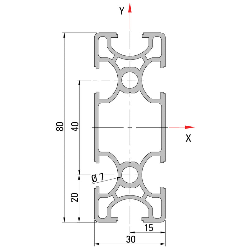 30×80 T-Slot Aluminium Extrusion Profile - Cross Section